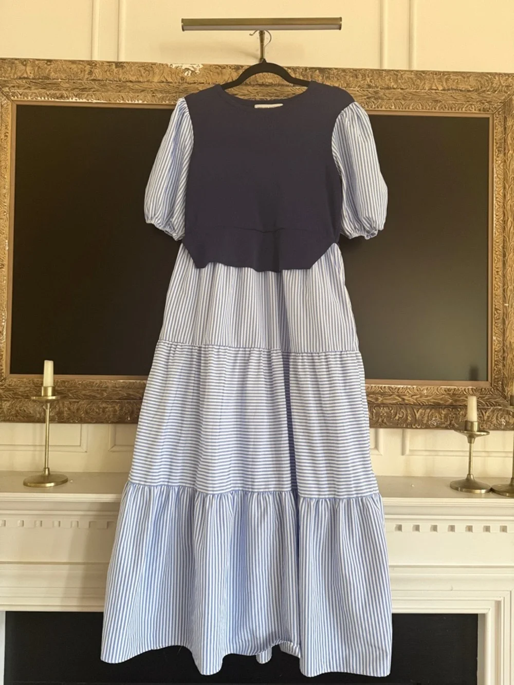 English Factory Navy and Light Blue Striped Tiered Dress - Picture 1 of 1